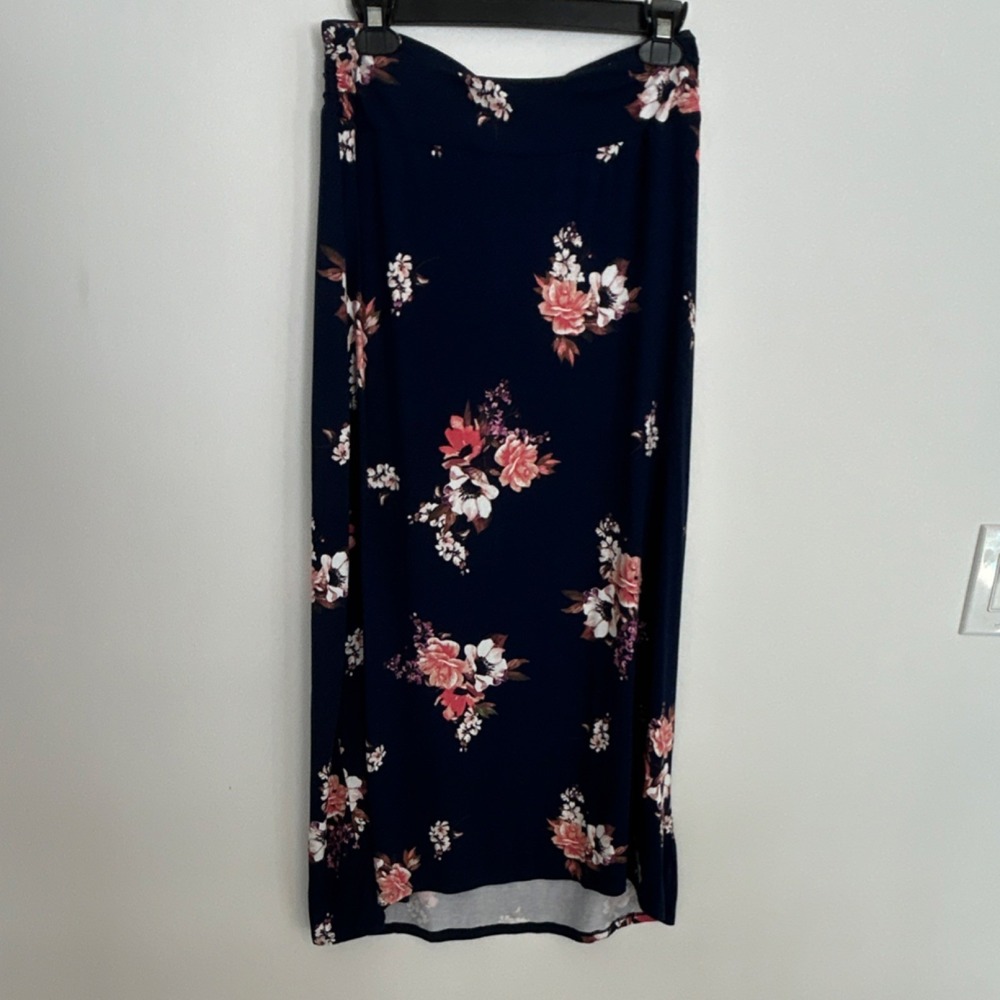 Liz Claiborne Floral Navy Knit Long A-Line Stretch Skirt Women's Size S